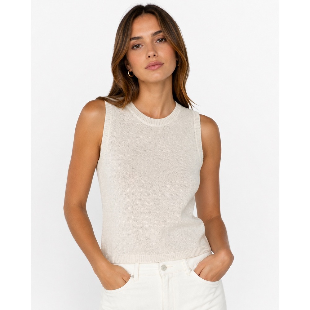 Zara Womens Cream Sleeveless‎ Knit Crewneck Tank Top XL Cotton Blend